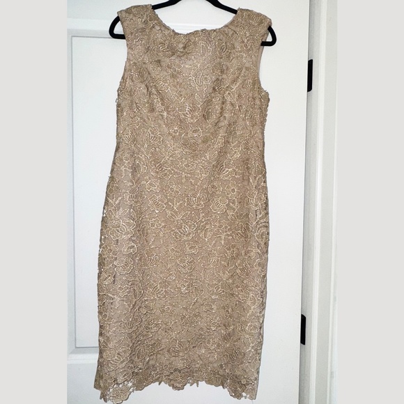 Lauren Ralph Lauren Champagne Lace Sheath Dress Gold Metallic 10 - Picture 3 of 14